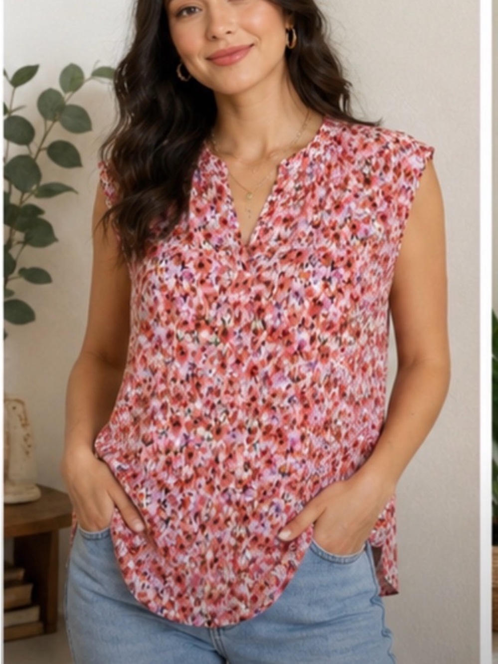 APT 9 Women’s Large Pink Floral Sleeveless Blouse Split Neck Lightweight  Casual